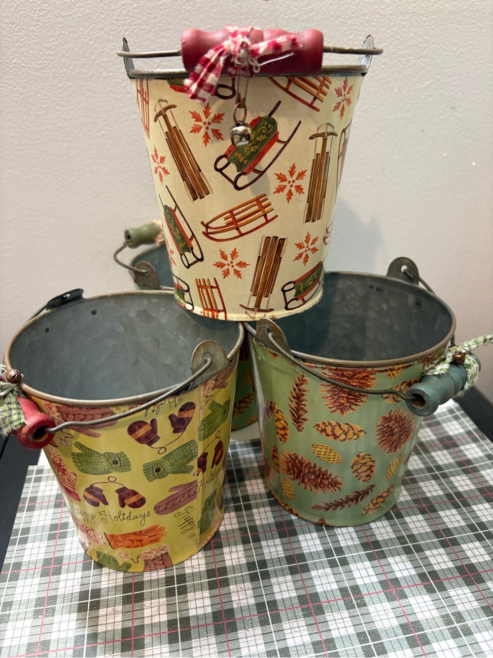 Holiday Decorative Metal Buckets Set - Green, Cream, Tan